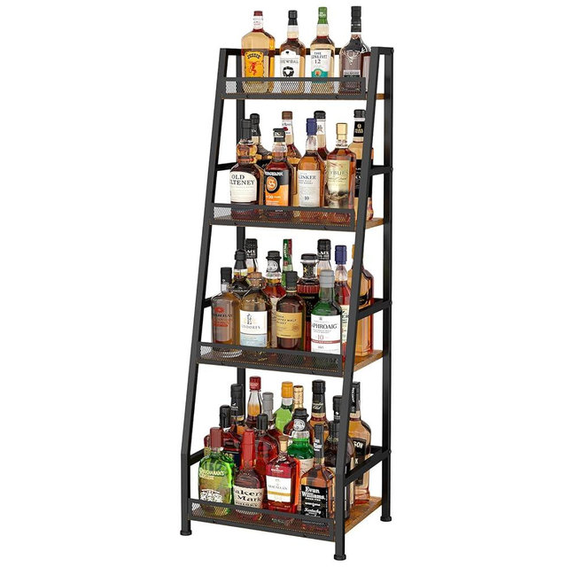 4-Tier Trapezoid Liquor Stand for Home Bar, Stepped Wine Rack Freestanding Floor for Liquor Whiskey Wine, Versatile Corner Wine Bottle Display Stand with Fences, Vintage Brown（Patent Pending）