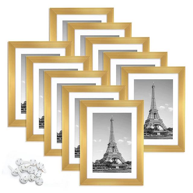 upsimples 5x7 Picture Frame Set of 10, Display Pictures 4x6 with Mat or 5x7 Without Mat, Multi Photo Frames Collage for Wall or Tabletop Display, Gold