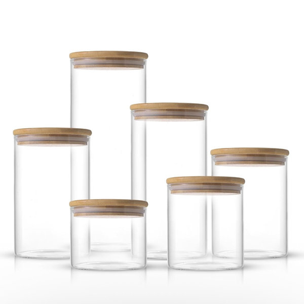 JoyJolt Borosilicate Glass Jars With Bamboo Lids. 6 Pc Set of Air Tight Sealable Containers. Food Jar Canisters with Airtight Lid for Pantry Storage and Kitchen Organization.