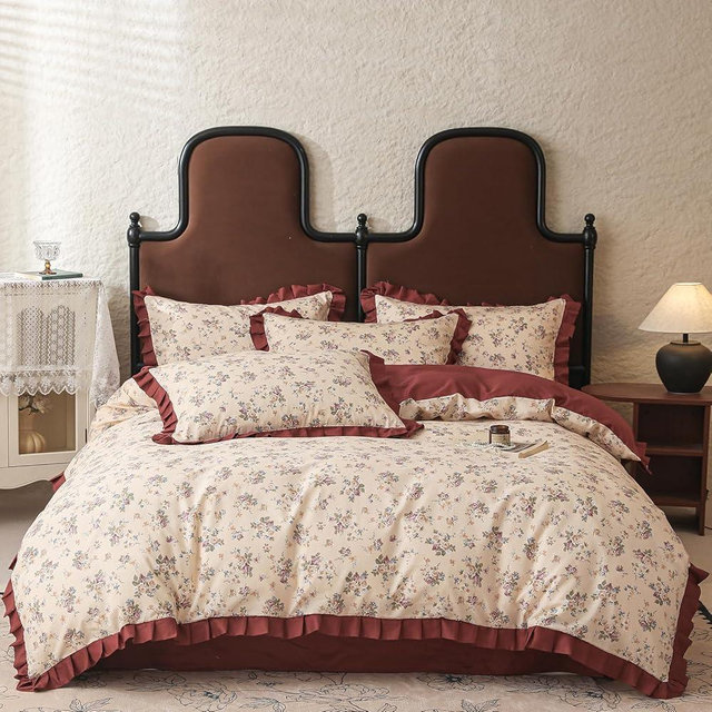 MOTNTD Floral Queen Duvet Cover Set Boho Cotton Comforter Cover Ruffle Aesthetic Lightweight Farmhouse Duvet Cover Set with 4 Corner Ties Rustic Girls Bedding Set Cute Soft Duvet Protector