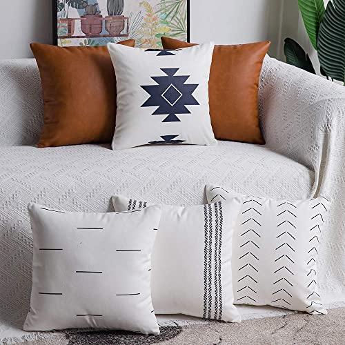 DEZENE Decorative Throw Pillow Covers: Set of 6 Modern Boho Square Cotton and Faux Leather Pillow Cases for Home Decor Living Room Farmhouse Sofa Couch, 18 x 18 Inch, White/Navy/Brown
