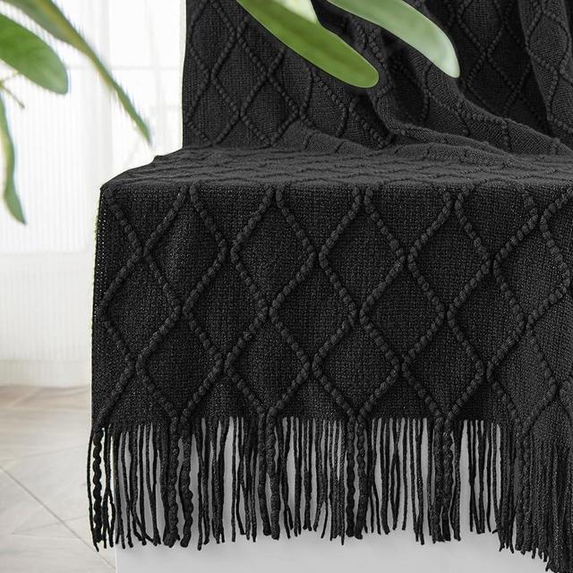 inhand Knitted Throw Blankets for Couch and Bed, Soft Cozy Knit Blanket with Tassel, Black Lightweight Decorative Blankets and Throws, Farmhouse Warm Woven Blanket for Men and Women, 60"x80"