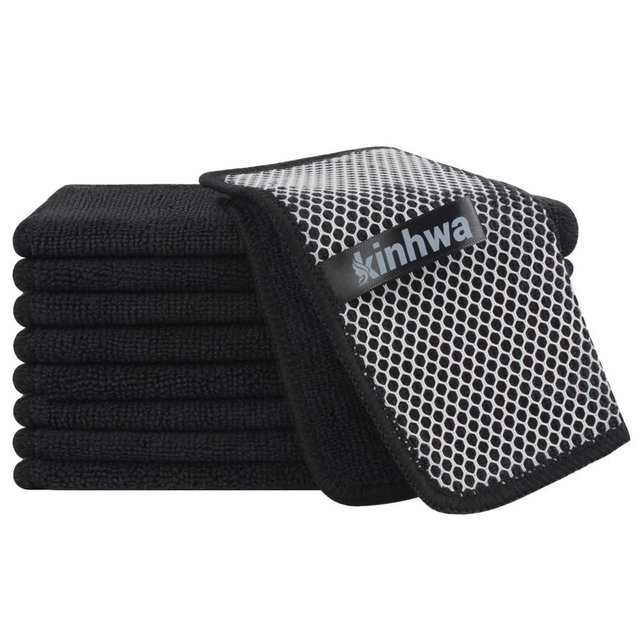 KinHwa Kitchen Washcloths for Dishes Absorbent Microfiber Dish Cloths Quick Dry Dish Rags with Poly Scour Scrub Side Ideal for Kitchen Cleaning and Housekeeping (Black, 7inchx7inch 9 Pack)