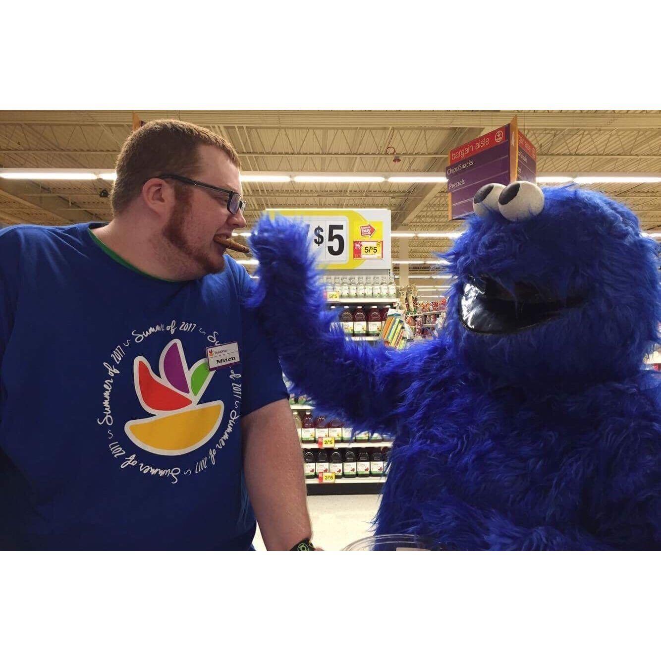 Our early days at Stop & Shop and yes the bride is in the cookie monster costume 😂