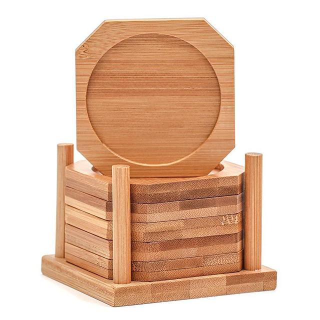 Trademark Innovations 3.5" Square 100% Natural Bamboo Coaster – Set of 6 with Holder