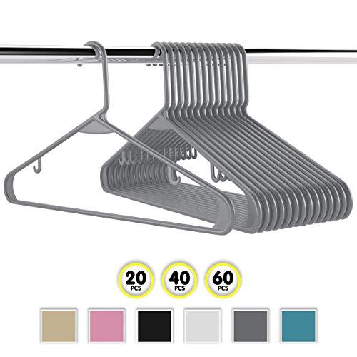 NEATERIZE Plastic Clothes Hangers| Heavy Duty Durable Coat and Clothes Hangers | Vibrant Colors Adult Hangers | Lightweight Space Saving Laundry Hangers | 20, 40, 60 Available (60 Pack - Grey)
