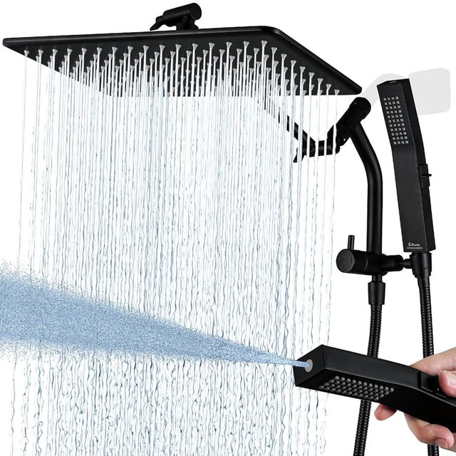 G-Promise All Metal 14 Inches Rain Shower Head with Handheld Built-in Power Wash Mode, 3-way Shower Diverter with Pause Setting, 11 Inches Adjustable Extension Arm, Long Hose (Matte Black, 14 Inches)