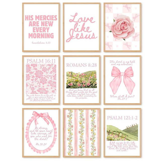 Tocliky Christian Wall Art Pink Bible Verse Canvas Posters Coquette Bow Room Wall Decor Jesus Scripture Pictures Trendy Preppy Christian Floral Aesthetic Prints for Girls Bedroom 8x10x9 Inch Unframed