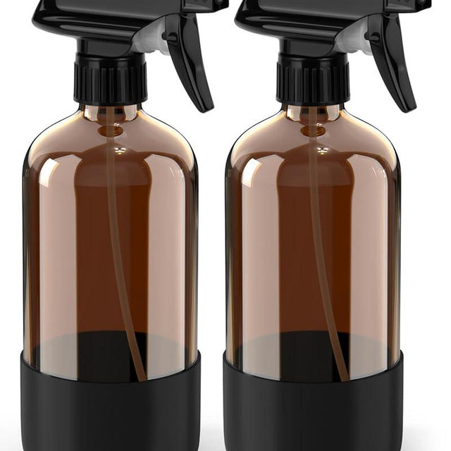 Glass Spray Bottle with Silicone Sleeve Protection, Amber Glass Spray Bottle Set for Non-toxic Window Cleaner Aromatherapy Facial Hydration Watering Flowers Hair Care 2 Pack/16 oz (Black)
