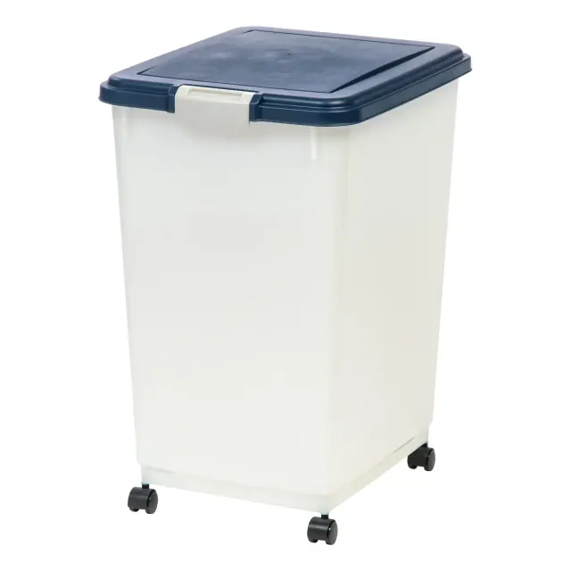 IRIS USA 54 Lbs / 69 Qt WeatherPro Airtight Pet Food Storage Container with Attachable Casters, Navy/Pearl