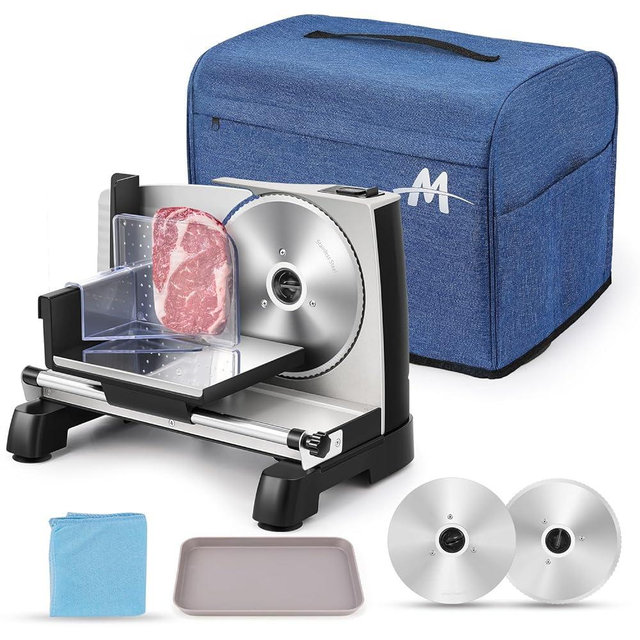 Moongiantgo Meat Slicer Electric with Removable 7.5’’ Blades Stainless Steel, 0-18mm Adjustable Thickness, Deli Food Slicer with Child Lock Protection for Meat, Fruit, Bread, Cheese, 110V