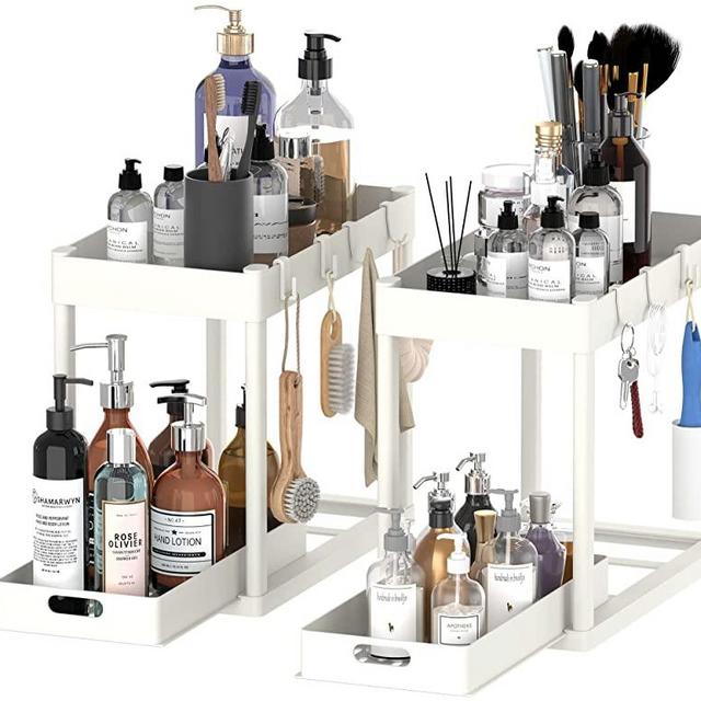 2PC Under Sink Organizer Rack 2 Tier Under Sliding Cabinet Basket Organizer Drawer with 4 Hooks, Multi-purpose Under Sink Storage for Bathroom Kitchen Desktop（White）