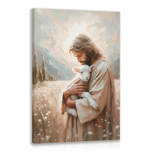 FASWQ Framed Jesus and Lamb Wall Art, Jesus the Good Shepherd Wall Decor, Religious Christian Canvas Painting, Bible Faith and Scripture Poster Print for Church LDS Bedroom Living Room, 12x16 Inch