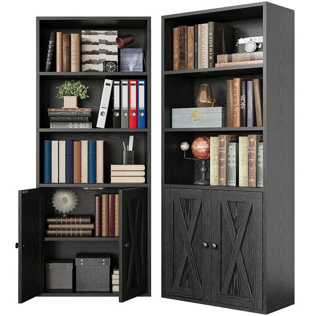 IRONCK Industrial Bookshelves and Bookcases with Doors 11.8 in Depth Set of 2 Floor Standing 5 Shelf Display Storage Shelves Bookcase Home Decor Furniture for Home, Office, Living Room, Bedroom