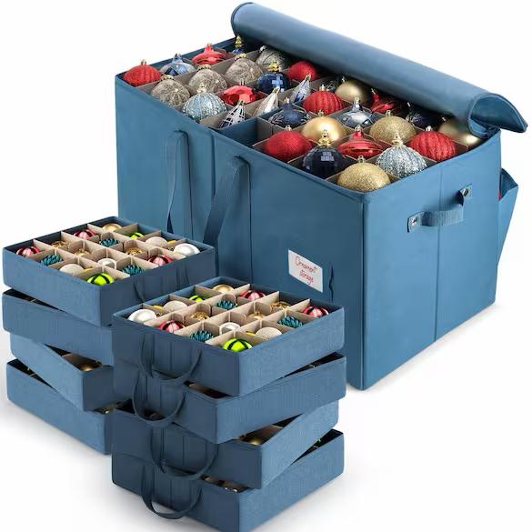 HEARTH & HARBOR Blue non-Woven Fabric Large Christmas Ornament Storage Box HHHS10
