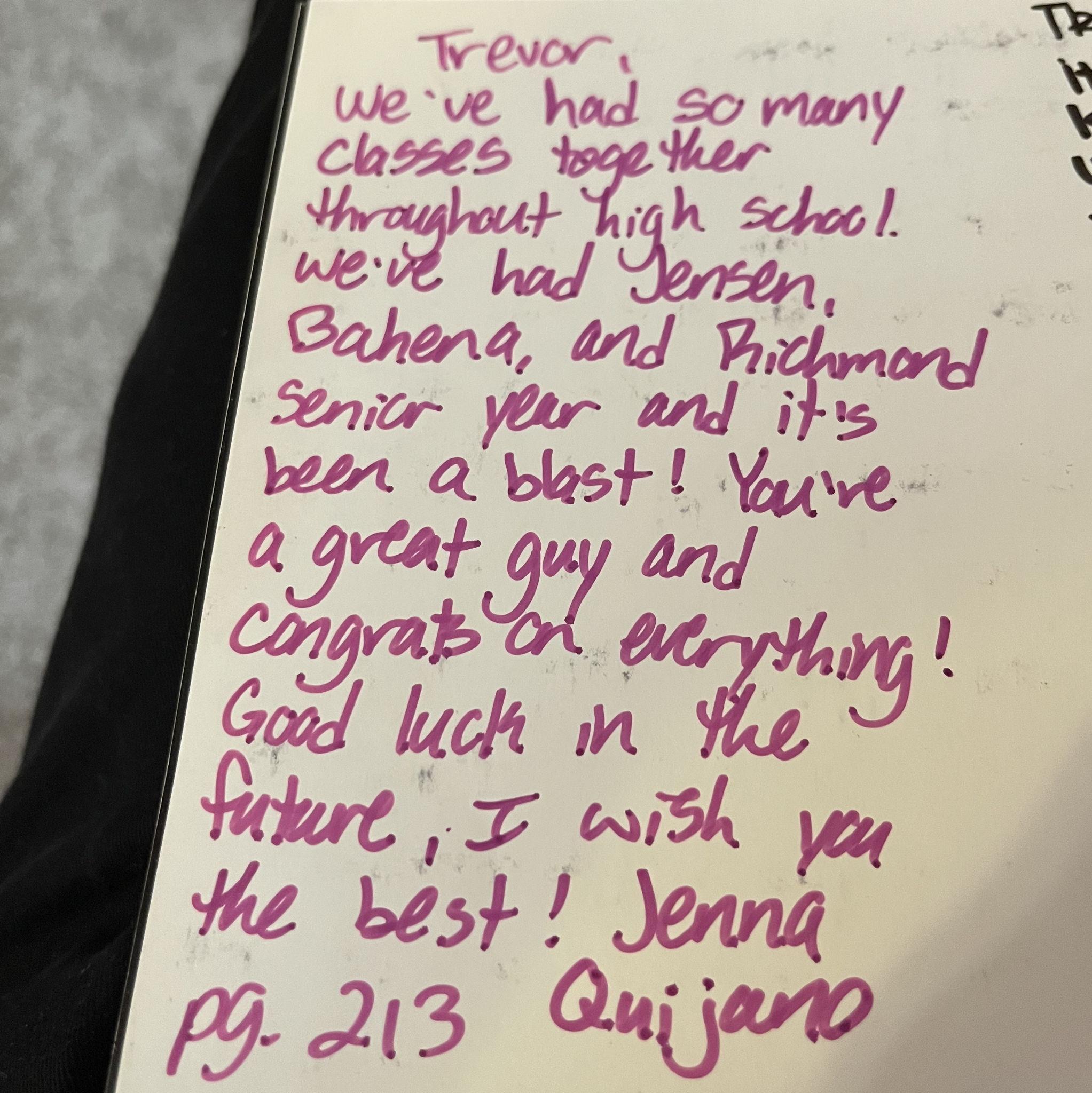 What Jenna wrote in Trevor's 2016 High School year book