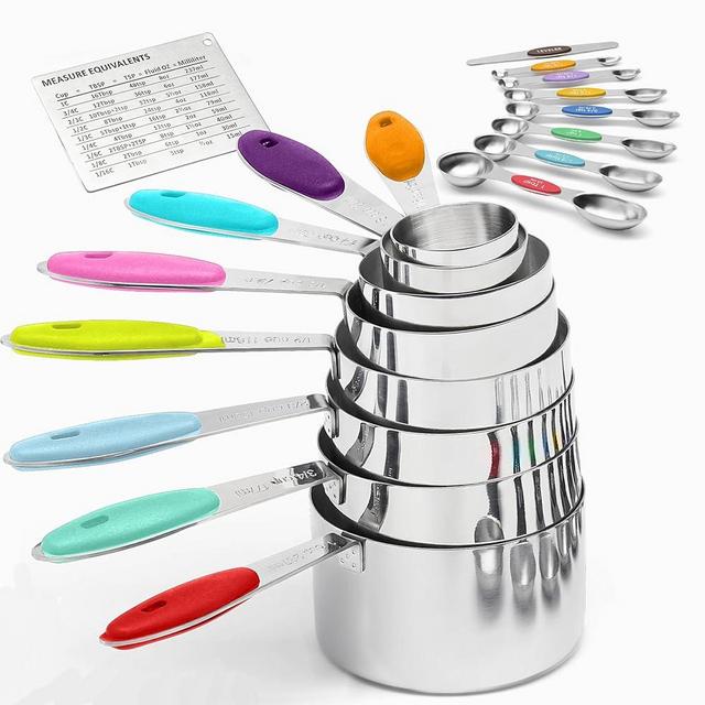Measuring Cups 17-Piece Measuring Set with Cups and Spoons, Stainless Steel, Includes Magnetic Conversion Chart and Leveler