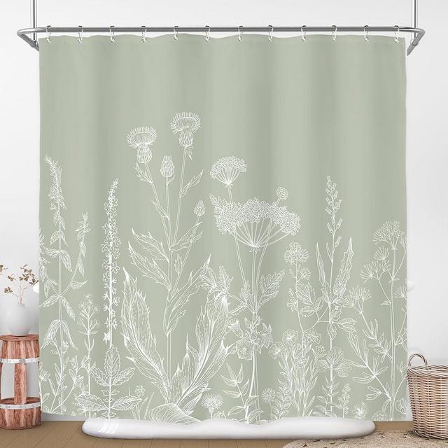 Riyidecor Sage Green Floral Wildflower Shower Curtain for Bathroom Decor 72Wx72H Plant Herbs Botanical Spring Nature Leaf Rustic Farmhouse Art Printed Fabric Polyester Waterproof 12 Pack Plastic Hooks