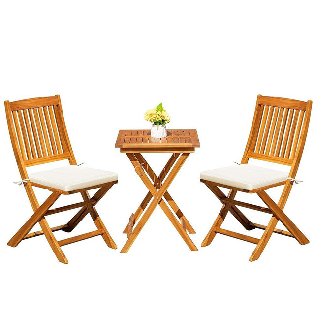 Greesum 3 Piece Patio Folding Furniture Bistro Set with 2 Cushions for Pool Beach Backyard Balcony Porch Deck Garden, Acacia Wood