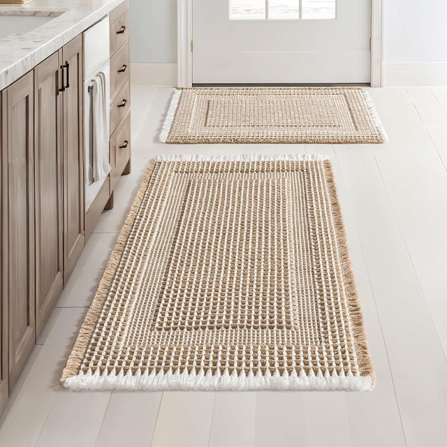 MIULEE Set of 2 Waffle Bathroom Rugs, Boho Bath Rug Super Absorbent, Non Slip Washable Ultra Soft Rubber Backed Beige Bath Mats for Floor, Tub, Shower, Looped Design, Brown & Cream, 17"x24"+18"x30"
