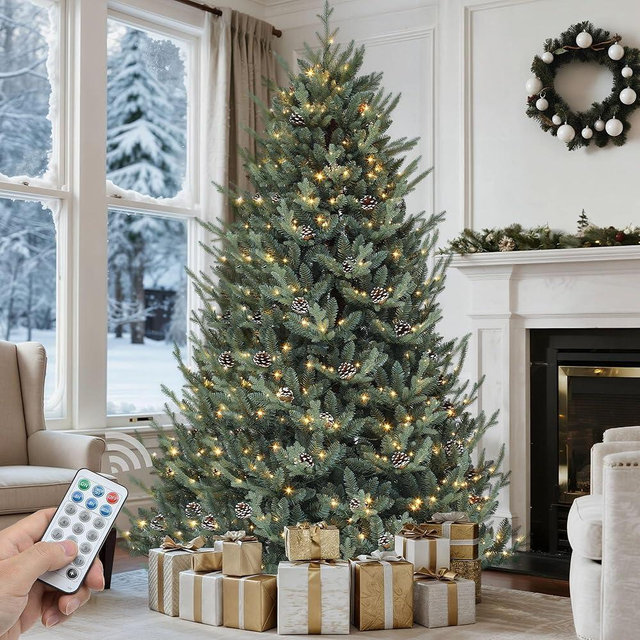 GOOBED 7.5FT Prelit Blue Christmas Tree with Remote Control, Pre-Decorated Artificial Hinged Xmas Tree Hillside Spruce w/ 1938 Mixed PE & PVC Tips, 51 Pine Cones, 500 Lights & 11 Light Modes