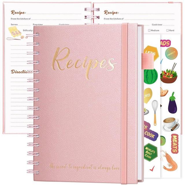 JUBTIC Blank Recipe Book to Write in Your Own Recipes 7" x 10" - Make Your Own Family Cookbook & Recipe Notebook Organizer, Empty Cooking Journal with Color Printing Paper and 2 Colorful Stickers for Family Recipes,Hold up to 120 Recipes - Pink