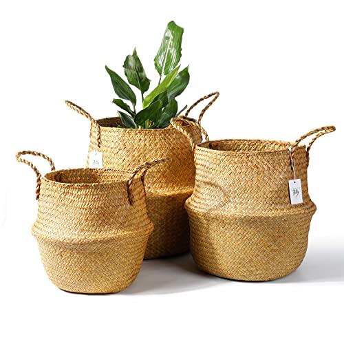 POTEY 730102 Seagrass Plant Basket Set of 3 - Hand Woven Belly Basket with Handles, Large Storage Laundry Picnic Plant Pot Cover Home Decor & Woven Straw Beach Bag (Medium+Large+Extra Large, Original)