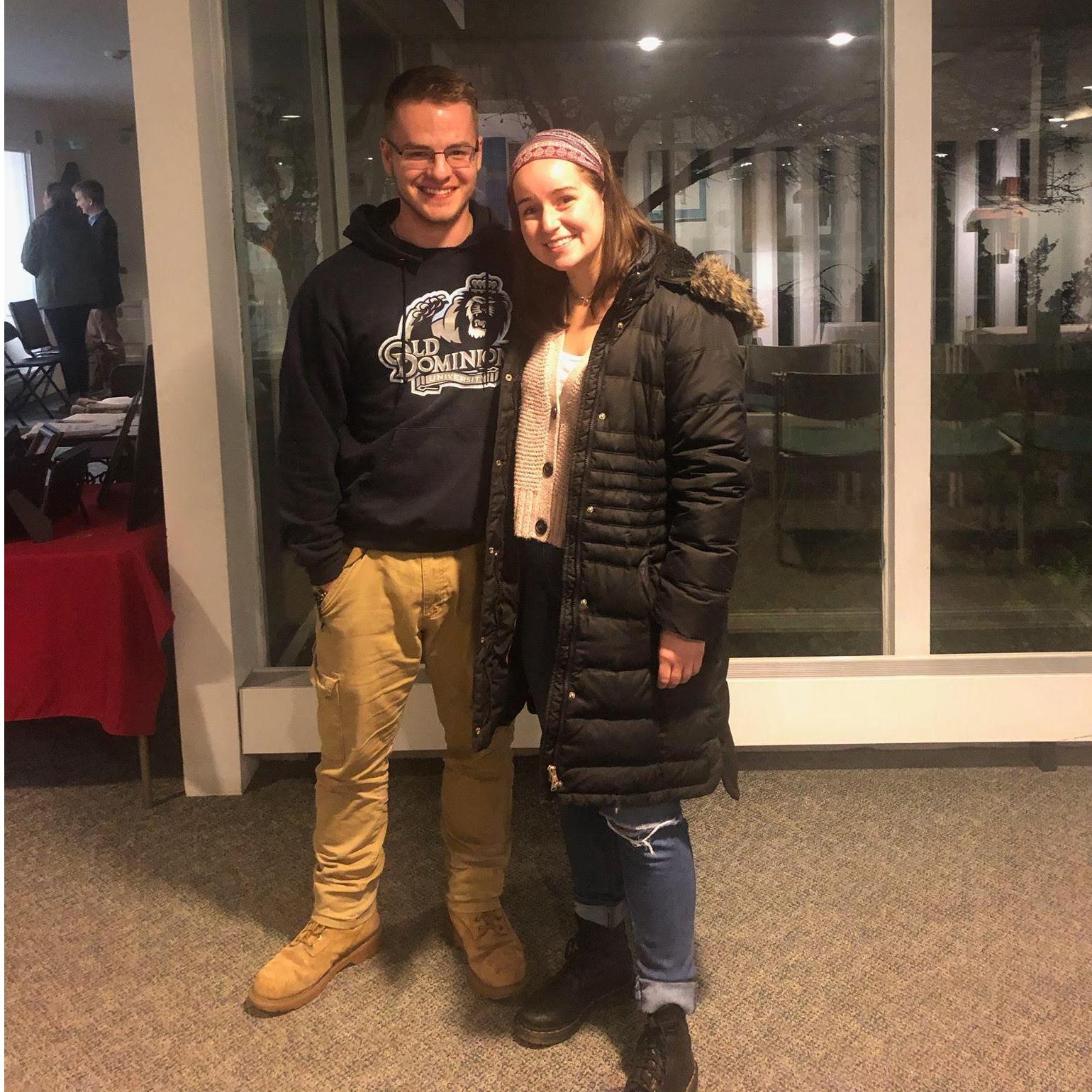 Our first photo together, this was taken at the Newman Center by our friend Hannah (who is the reason we met) after Tuesday night mass