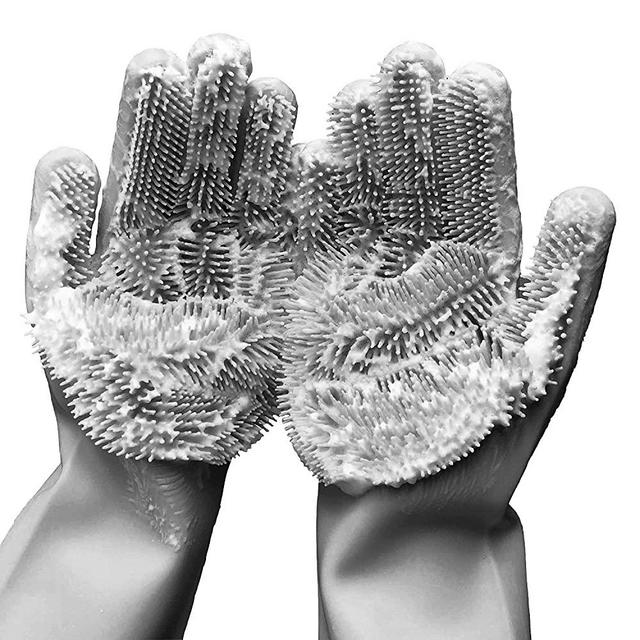 Cleaning Sponge Gloves, Silicone Reusable Cleaning Brush Heat Resistant Scrubber Gloves for Housework, Dishwashing, Kitchen Clean, Bathroom, Bathing, Car Washing, Window cleaning. 1 Pair (13.6" Large)