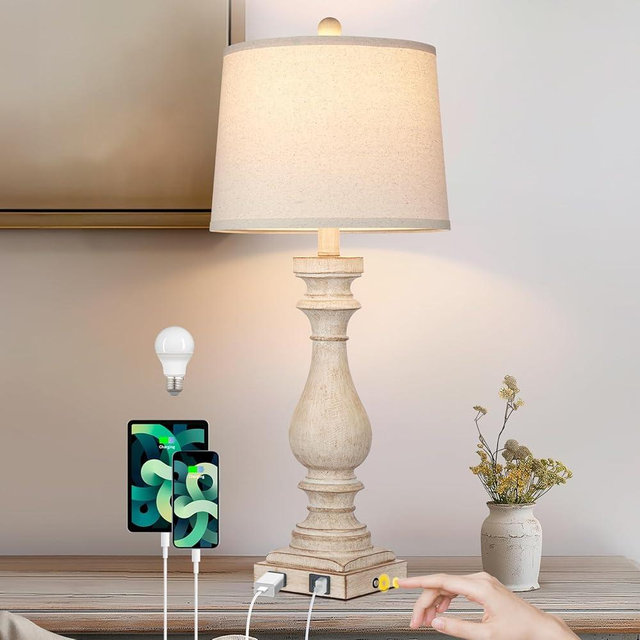 Cinkeda 27.5" Tall Farmhouse Lamp,Vintage Bedside Nightstand Lamps with USB Charging Ports A/C,3-Way Dimmable Touch Control Retro Lamp for Bedroom Living Room,Single Beige