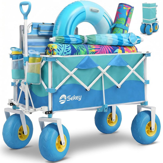 Sekey Heavy Duty Beach Wagon with 9" Big Sand-Proof Wheels – 600lb Capacity, 200L Oversized Foldable Cart | Adjustable Handle & All-Terrain Tires for Sand, Camping, Groceries