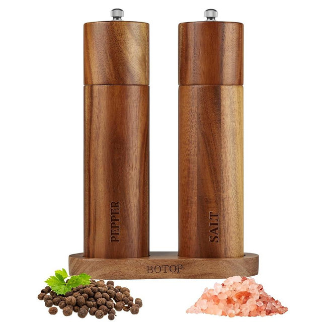 2 Pack Acacia Wood Salt and Pepper Grinder Set with Bases, Refillable Salt and Pepper Mills Adjustable Coarseness, 8 Inches Kitchen Ceramic Core Peppercorn Shaker