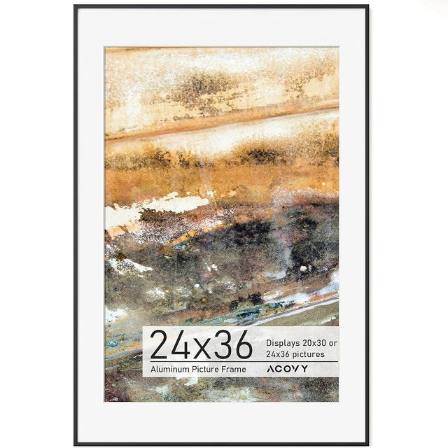 Acovy 24x36 Poster Frame Black, 24x36 Frame with Mat for 20x30, Premium Aluminum 24 x 36 picture frame, HD Tempered Glass, Metal Photo Frame for Wall Display (Black, Pack of 1)