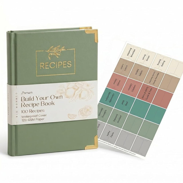 BLU MONACO Blank Recipe Book to Write in Your Own Recipes, Vegan Leather Hardcover (Sage Green), 120 GSM Paper, 100 Pages, 2 Ribbon Bookmarks, Metal Corners, Color Tab Stickers, Storage Pocket