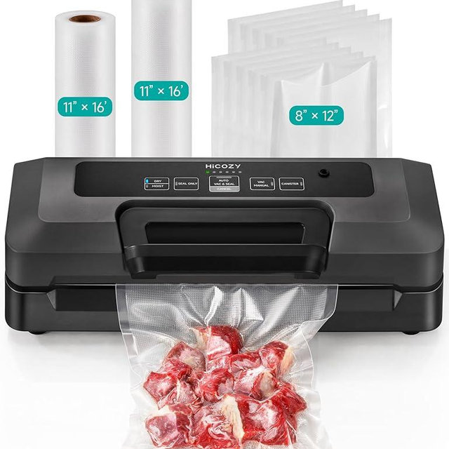 HiCOZY Vacuum Sealer for Food, Powerful Heat Food Sealer, Dry Moist 7-1 Multiple Automatic Modes, Easy-Lock Handle, Compact Design with 10 Vacuum Bags & 2 Bag Rolls, Bag Cutter Included, Black