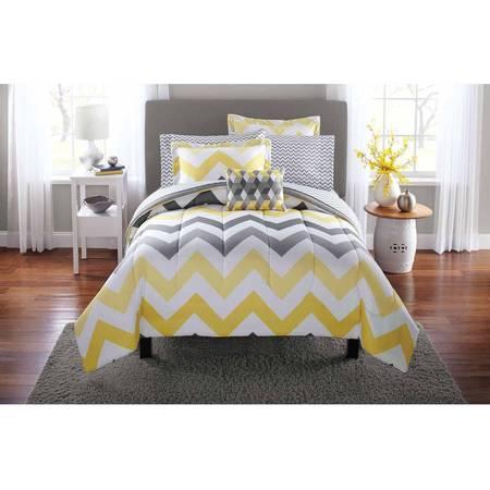Mainstays Yellow Grey Chevron Bed in a Bag Bedding Comforter Set