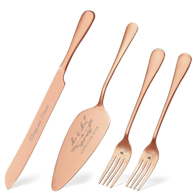 Wedding Cake Knife and Server Set, Rose Gold Cake Cutting Set for Wedding, 4 Pieces Set with Forks for Engagements, Anniversaries, Bride and Groom