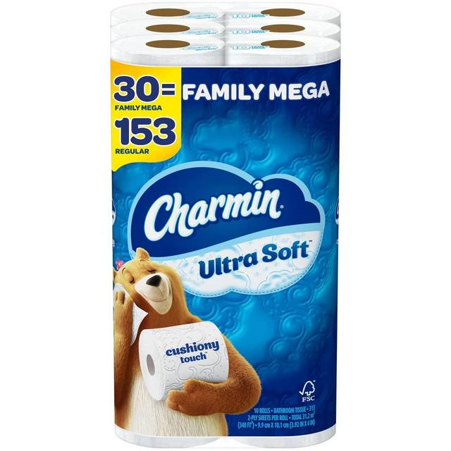 Charmin Ultra Soft Cushiony Touch Toilet Paper, 30 Family Mega Rolls = 153 Regular Rolls