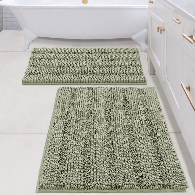 H.VERSAILTEX Bathroom Rug Sets 2 Piece Bath Mats Non Slip Thick Soft Chenille Striped Bath Rug achine Washable Shower Floor Rugs for Tub, Shower and Floor (Eucalyptus Green, 20" x 32"/24" x 36")