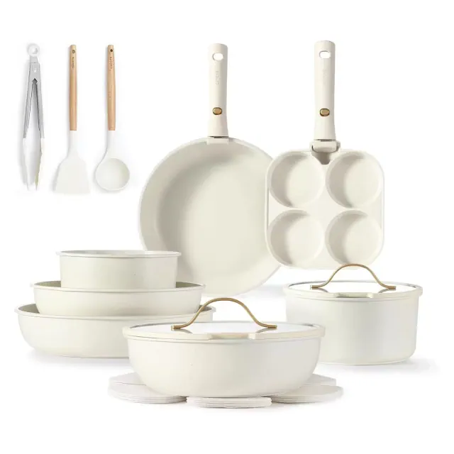 CAROTE 19pcs Pots and Pans Set Non Stick, Kitchen Cookware Set with Detachable Handle, RV Cookware Sets, Oven Safe, Cream White