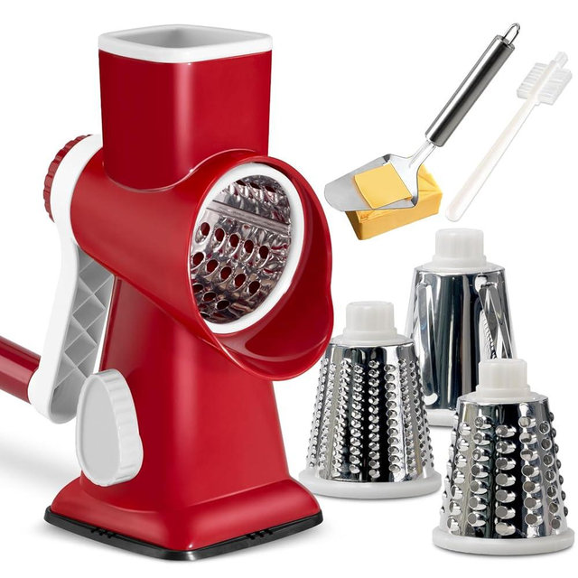 KEOUKE Rotary Cheese Grater with Handle Vegetable Cheese Shredder Slicer Grater for Kitchen 3 Changeable Blades for Cheese Potato Zucchini Nuts Chocolate - RedWhite