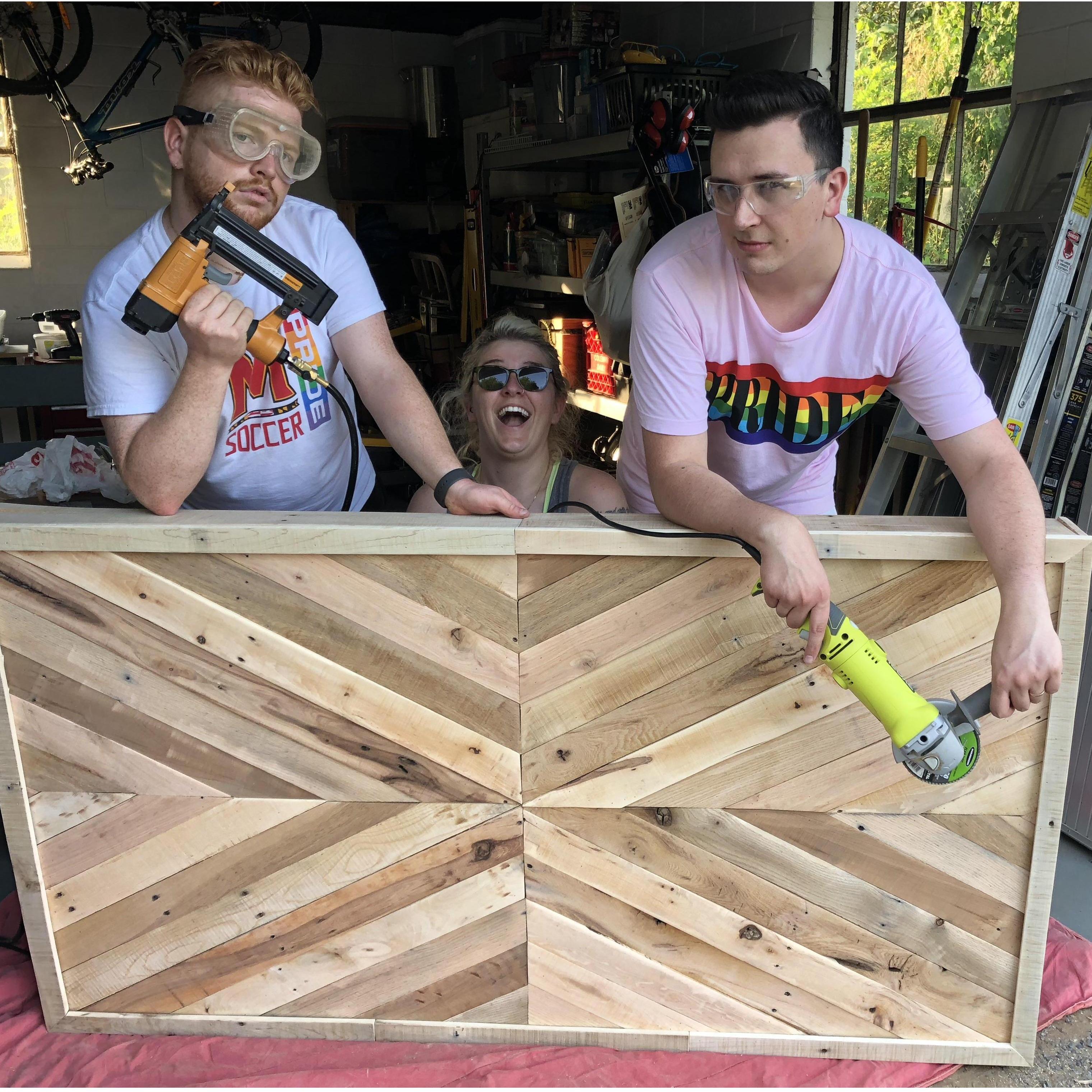 Post - one of the sweatiest days making our headboard before we stained it!