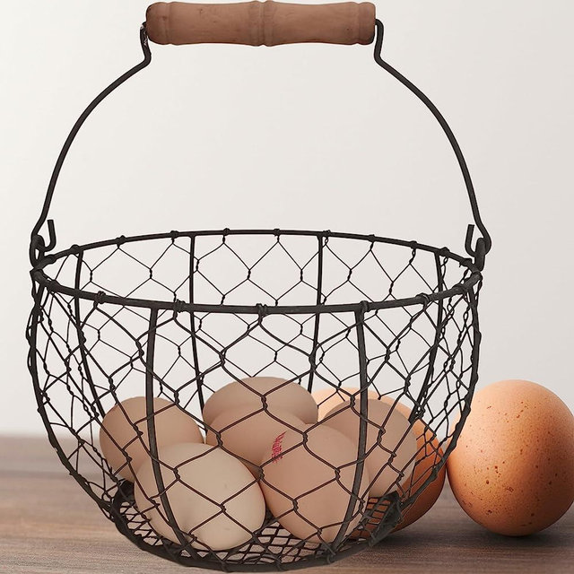 TAIANLE Farmhouse Metal Wire Egg Basket for Collecting Fresh Eggs,Round Handle Egg Basket Vintage Style,Durable Collect & Gathering Basket for Fresh Egg,Countertop Egg Basket Holder,Storage Fruit Bin