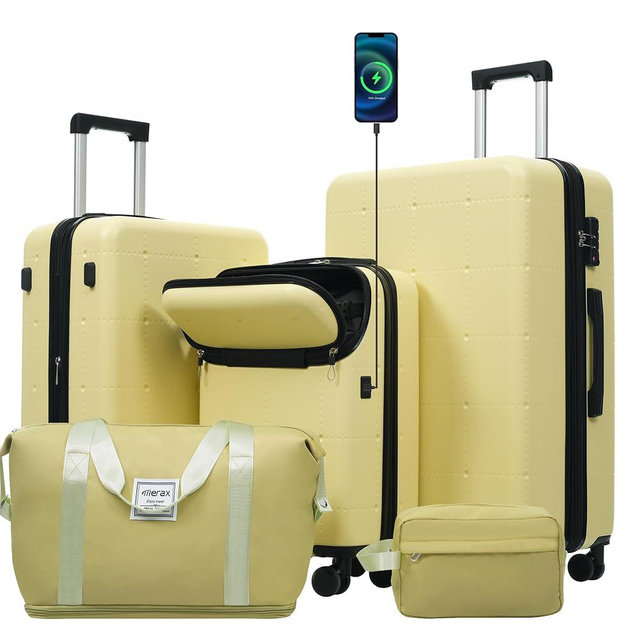 Merax Hard shell Luggage Sets 5 Piece with Half opening, Expandable suitcase with Double Spinner Wheels, Lightweight Travel Luggage,USB Port,TSA Lock(Yellow)