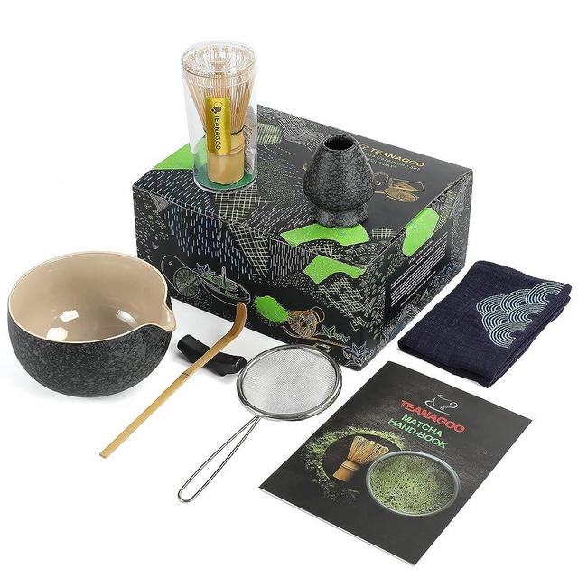 Japanese Tea Set (7pcs) Matcha Whisk Set Matcha Bowl with Pouring Spout Bamboo Matcha Whisk (chasen) Scoop (chashaku) Matcha Whisk Holder Tea Making Kit. N17, Charcoal Grey, Matcha Green Tea Powder