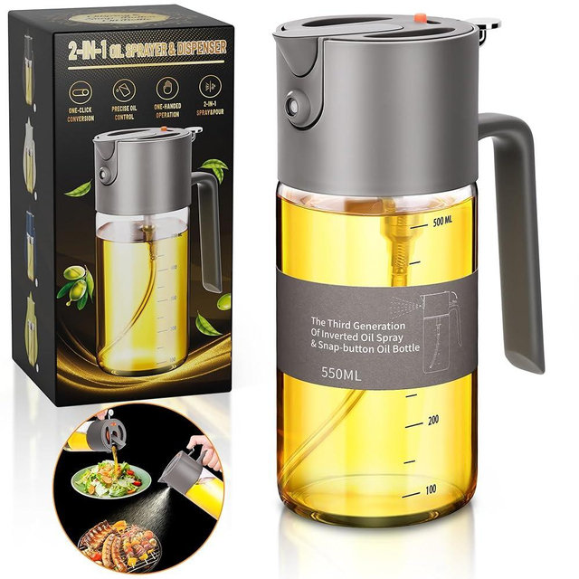 Oil Sprayer for Cooking, 2 in 1 Olive Oil Dispenser Bottle for Cooking,500ml/17oz Glass Olive Oil Sprayer, Patented Product, Continuous Spray with Portion Control, for Kitchen, Air Fryer, Salad, BBQ