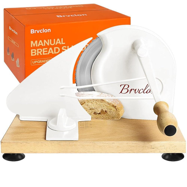 Brvclon Manual Bread Slicer Adjustable Thickness, Hand Crank Bread Slicer for Homemade Sourdough Bread with Scale Line & Suction Cup & Metal Guide,Quality Solid Wood Base & Gift-Level Packaging