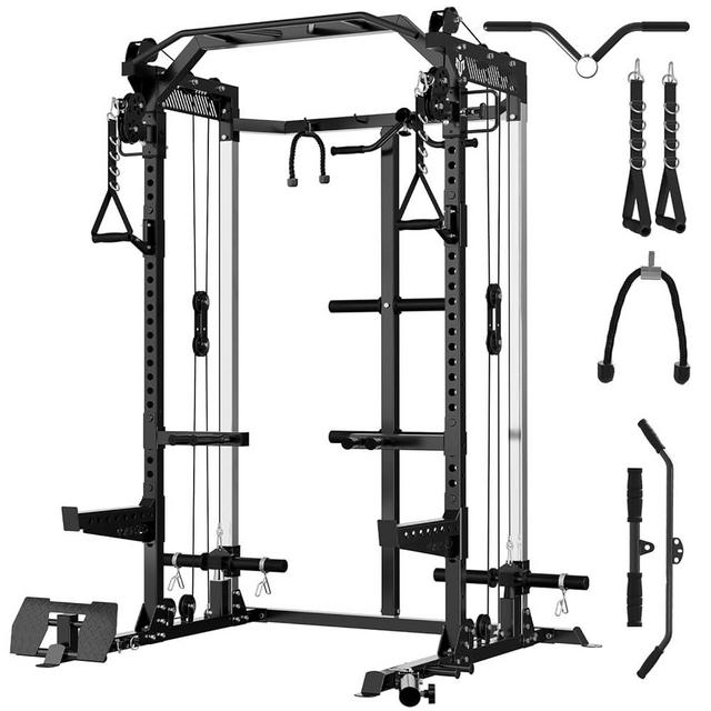 Mikolo Power Cage, 2000LB Squat Rack, Dual Pulley Cable Crossover System, Multi-function Free Weight Home Gym Workout Machine with Attachments