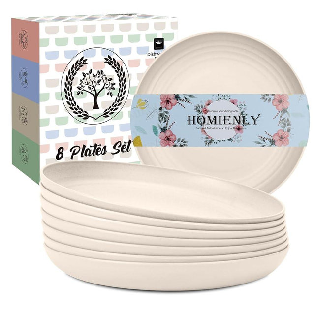 Homienly Dinner Plates Wheat Straw Plates Set of 8 Alternative for Plastic Plates Unbreakable Dinner Plates Set Dishwasher and Microwave Safe Plates for Kitchen, Camping, Outdoor Plates(Beige, 9 inch)