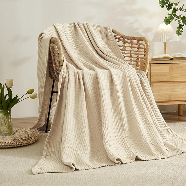 EMME Cotton Blanket Twin XL for Bed Soft Muslin Blankets 66"x90" Lightweight Breathable Layering Blanket Bedspread Coverlet All Season Gauze Blanket, Light Tan